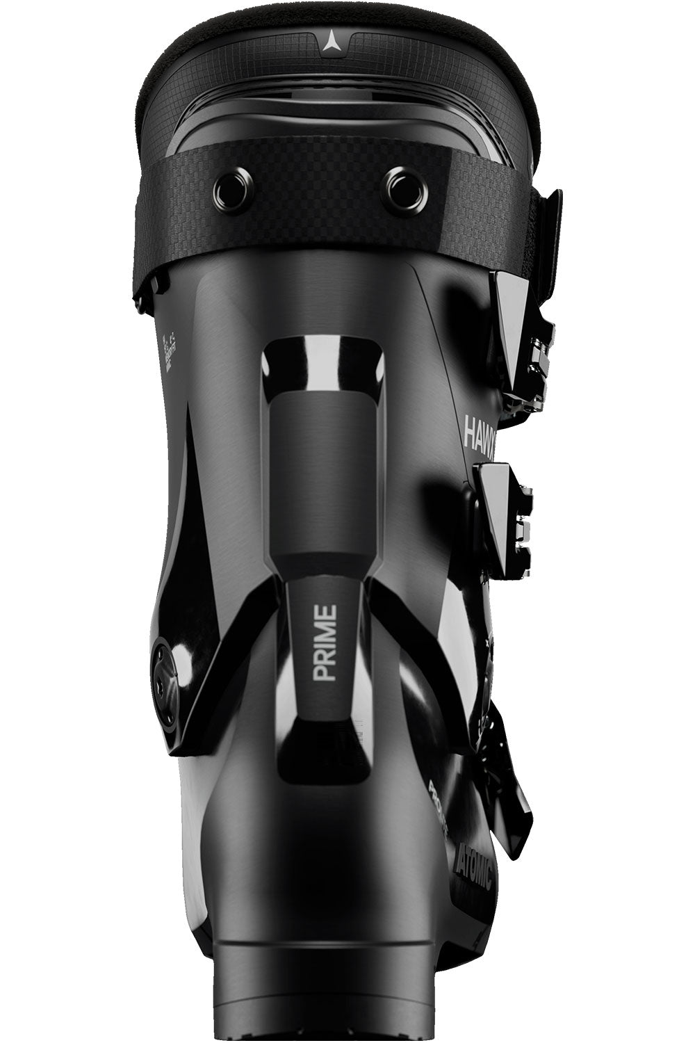 Black ski boot with 'Prime' branding on a white background