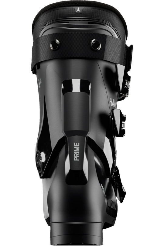 Black ski boot with 'Prime' branding on a white background