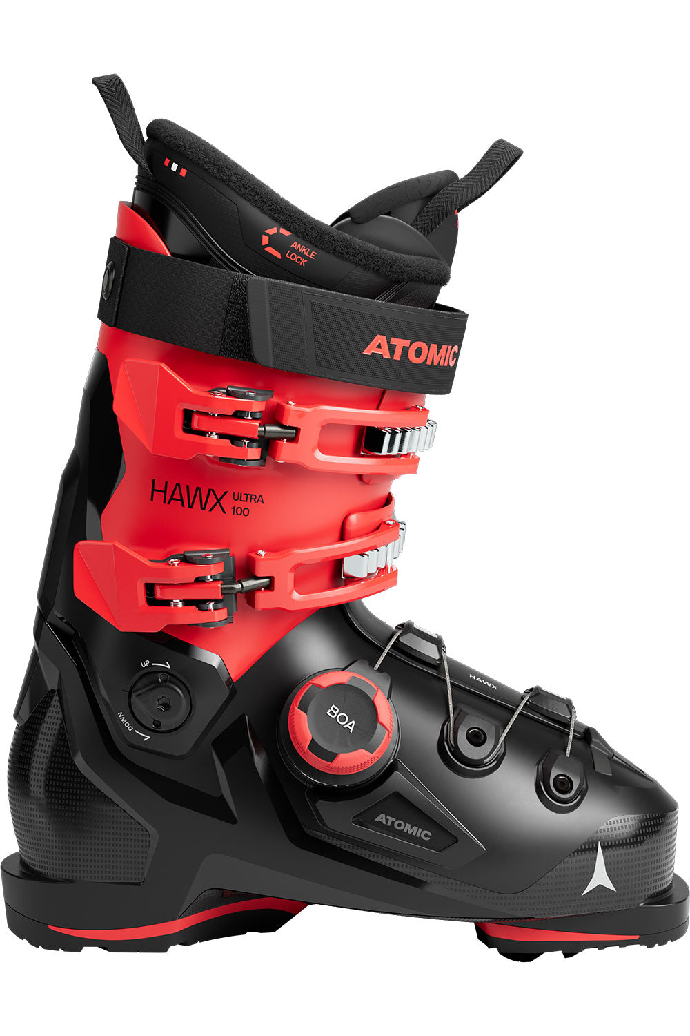Black and red Atomic ski boot on a white background