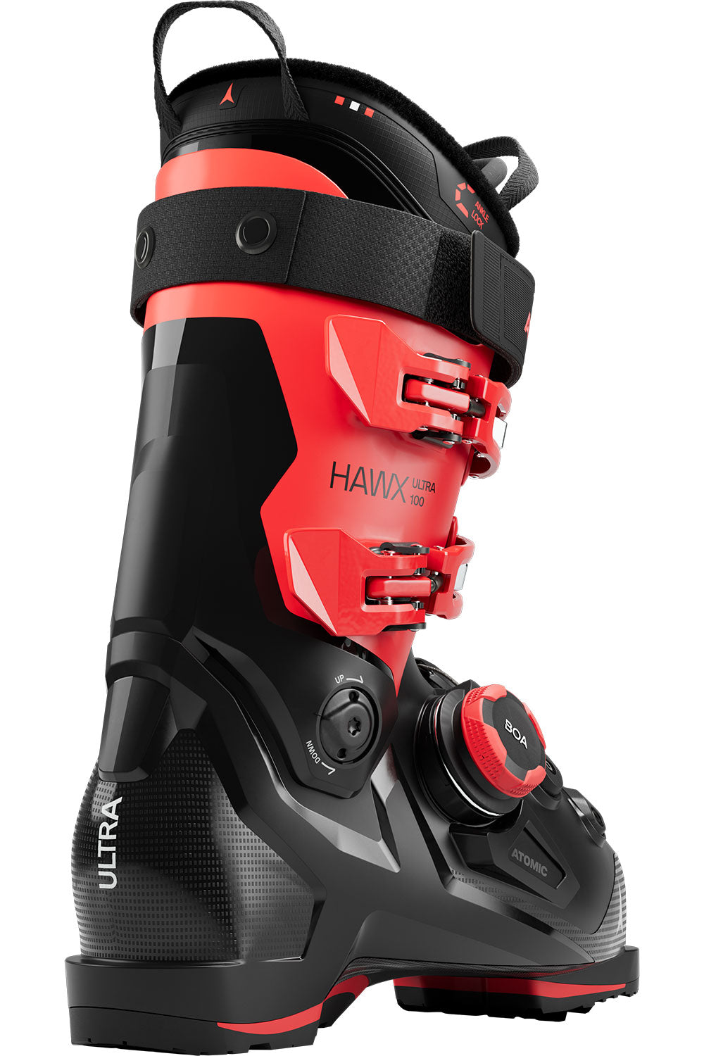 Black and red ski boot with 'Hawx Ultra' branding on a white background