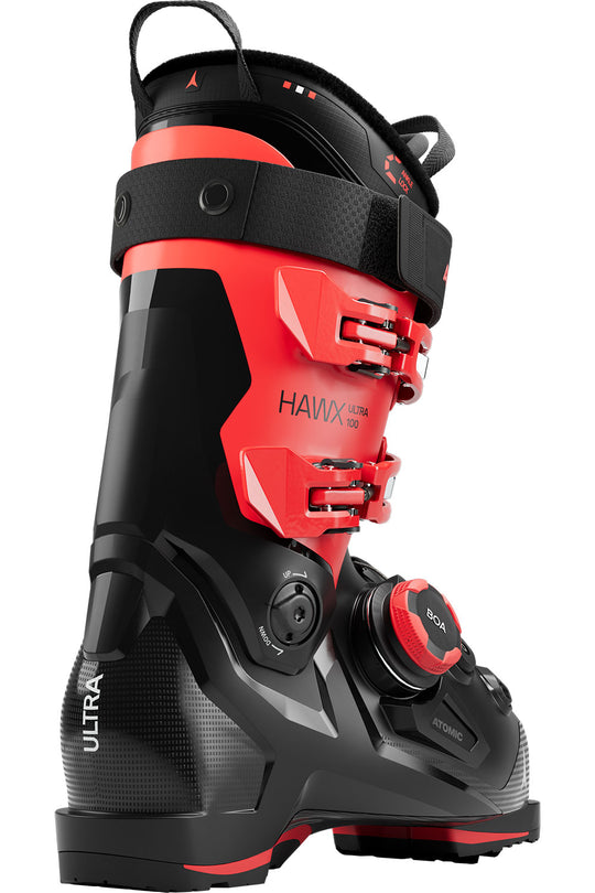 Black and red ski boot with 'Hawx Ultra' branding on a white background