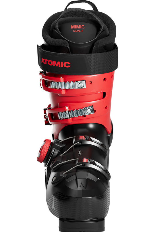 Red and black Atomic ski boot on a white background