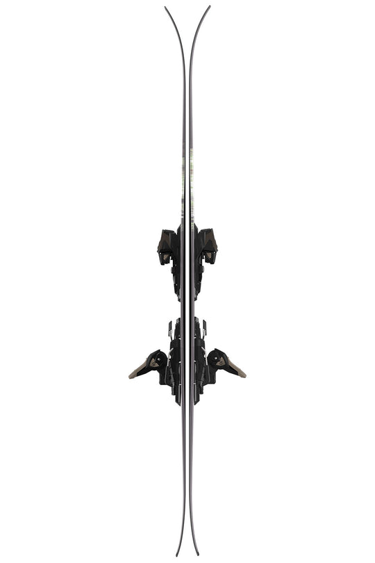 Pair of skis with bindings on a white background