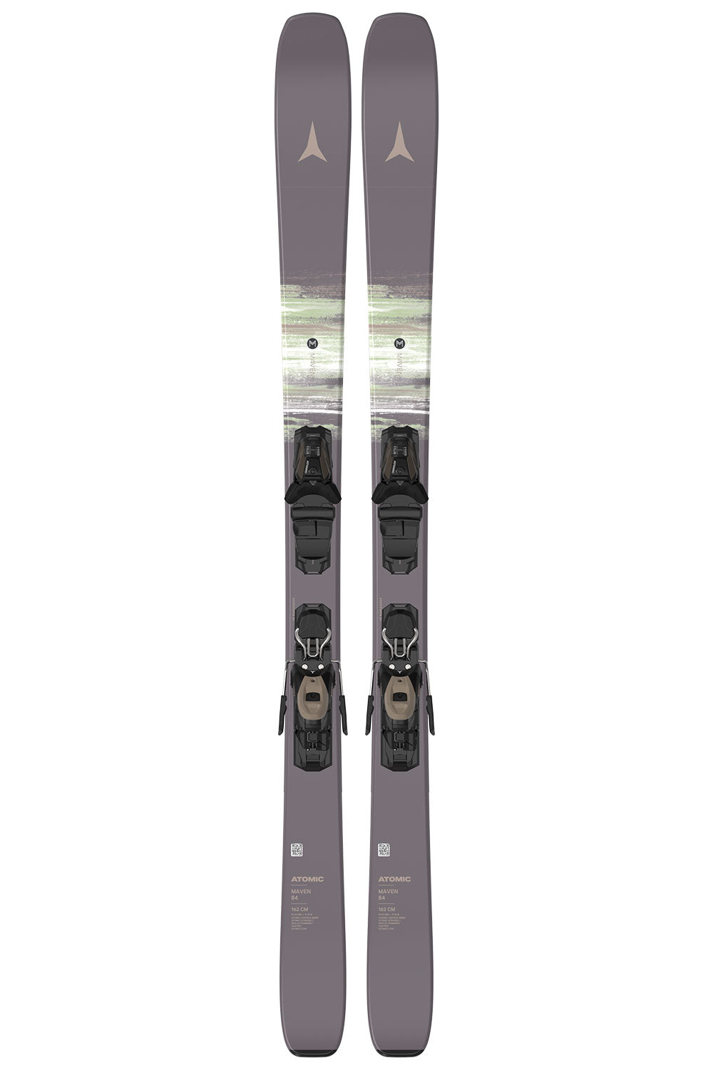 Pair of gray skis with bindings on a white background