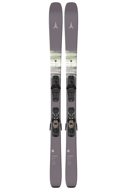 Pair of gray skis with bindings on a white background