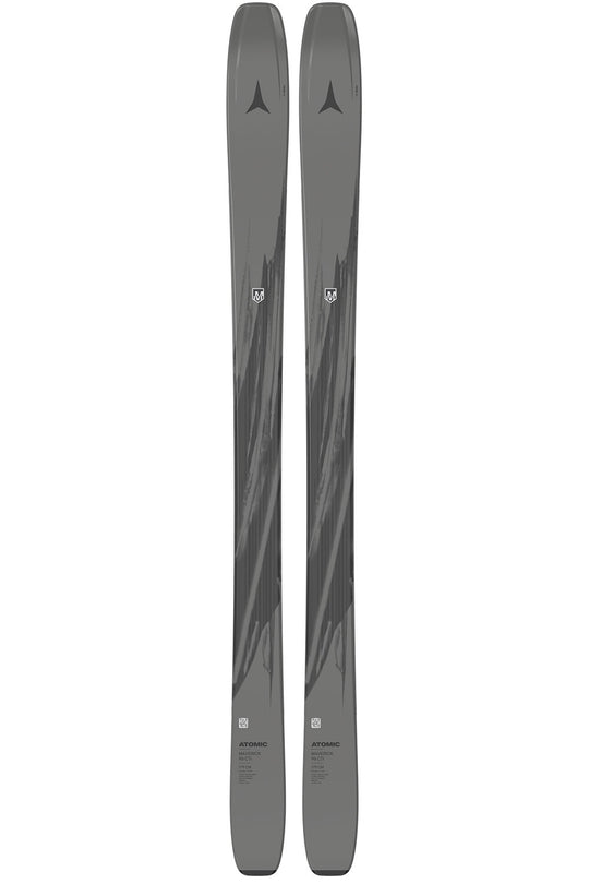 Pair of gray skis with branding on a white background