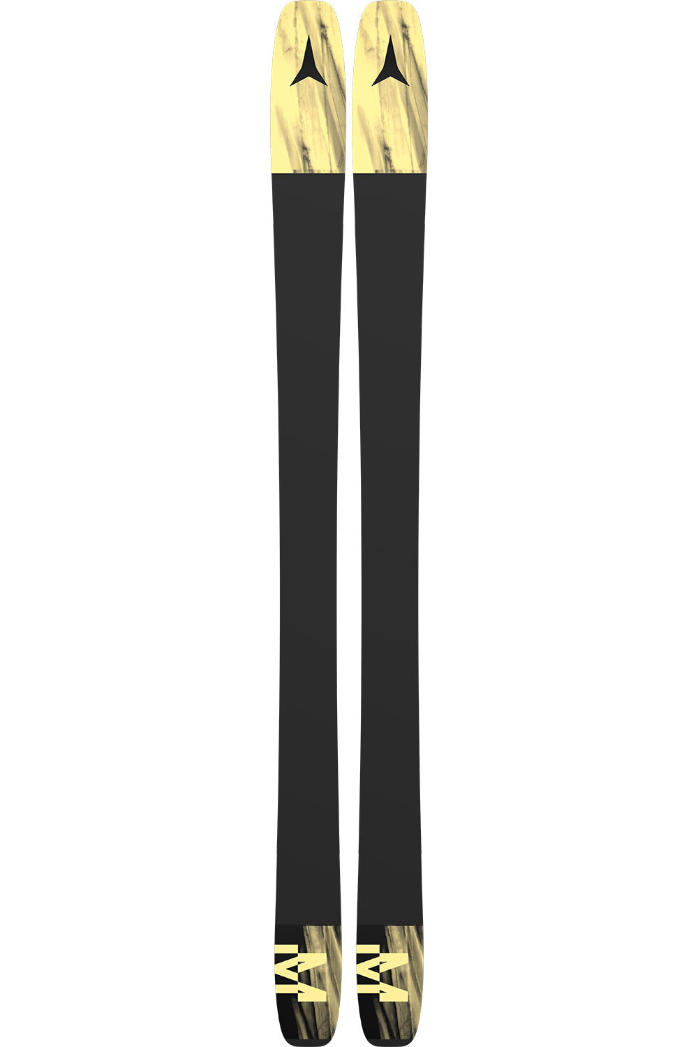 Pair of black skis with gold tips and bindings on a white background