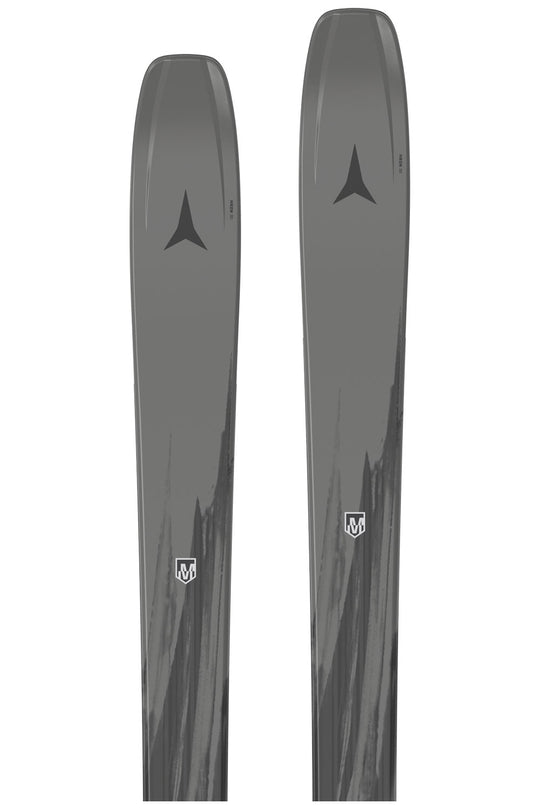 Two gray skis with a brand logo on a white background