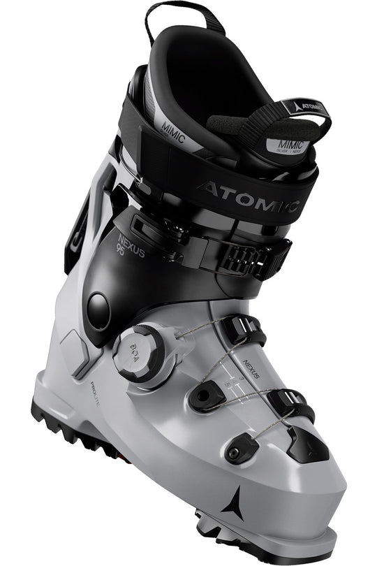 Gray and black ski boot with Atomic branding on a white background