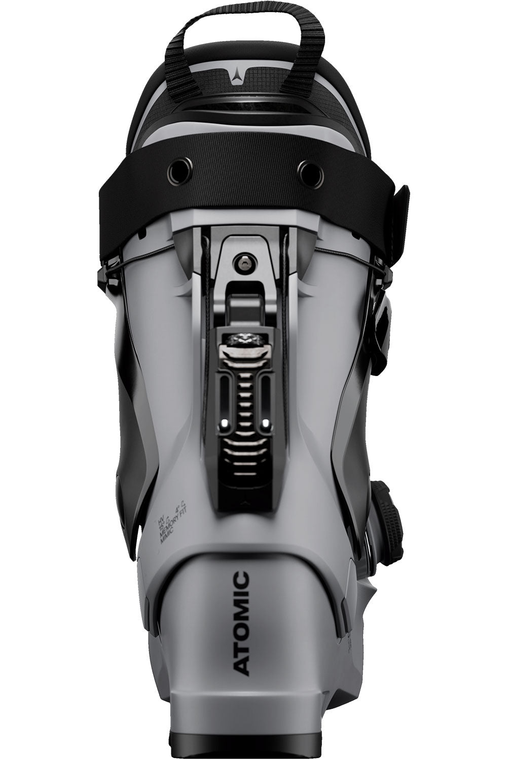 Gray and black ski boot with 'Atomic' branding on a white background