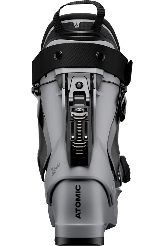 Gray and black ski boot with 'Atomic' branding on a white background