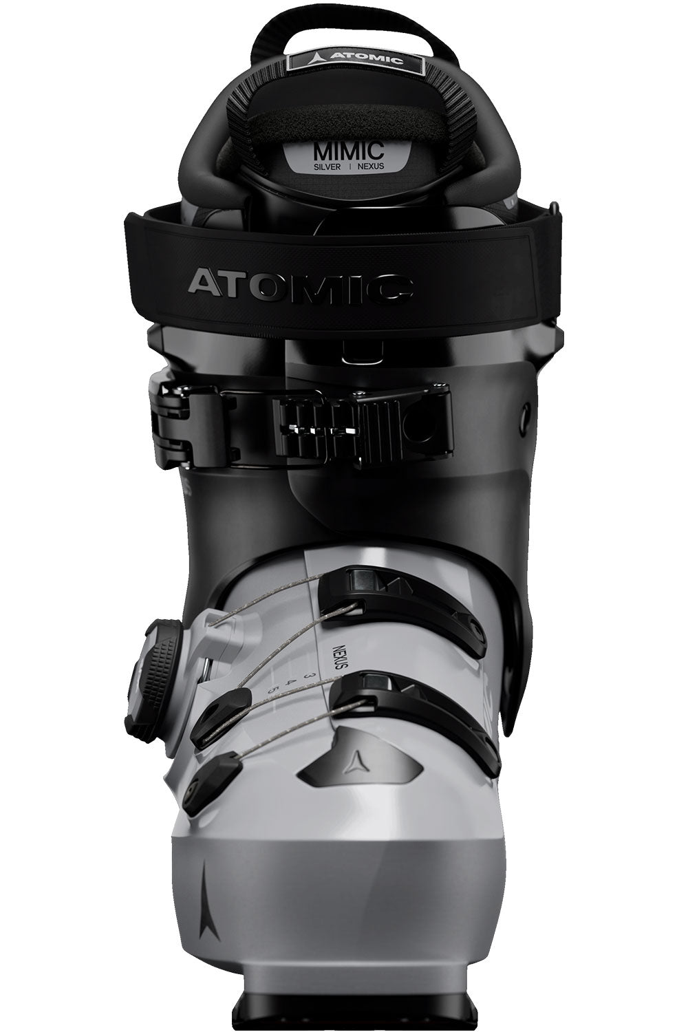 Black and gray ski boot with Atomic branding on a white background