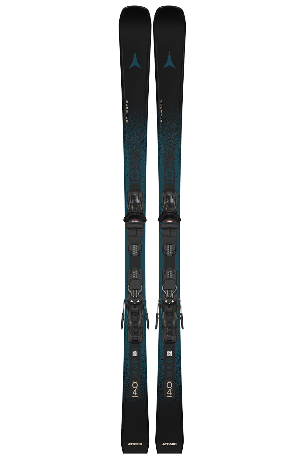 Pair of skis with bindings on a white background