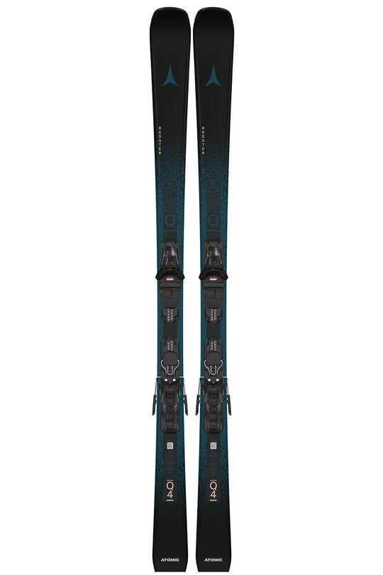 Pair of skis with bindings on a white background