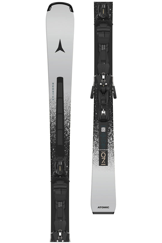 Pair of skis with bindings on a white background