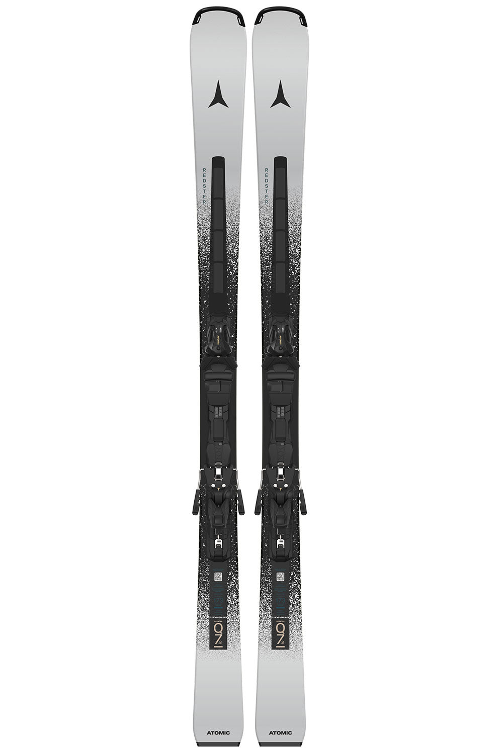 Pair of skis with bindings on a white background