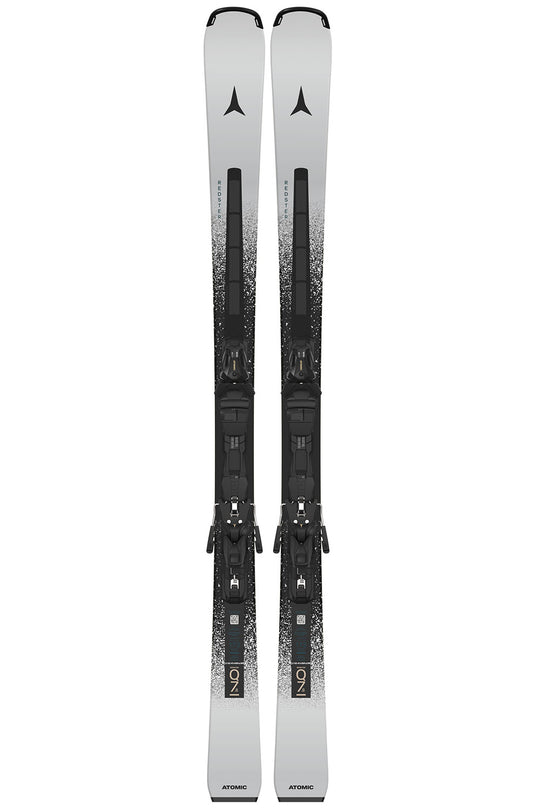 Pair of skis with bindings on a white background