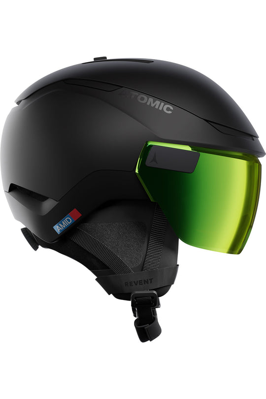 Black helmet with green visor on a white background