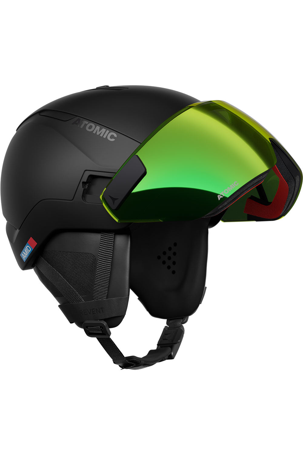 Black helmet with a visor on a white background