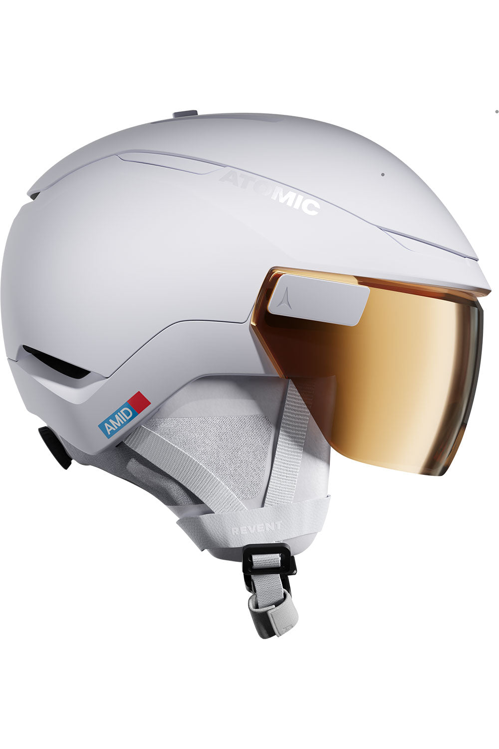 White helmet with gold visor on a white background