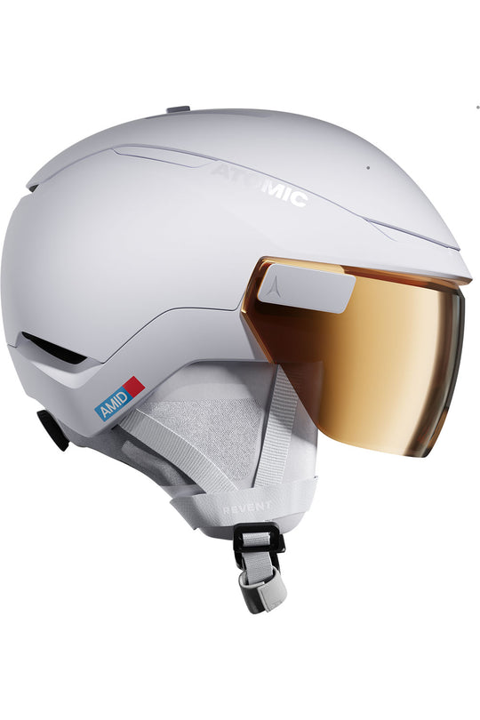 White helmet with gold visor on a white background