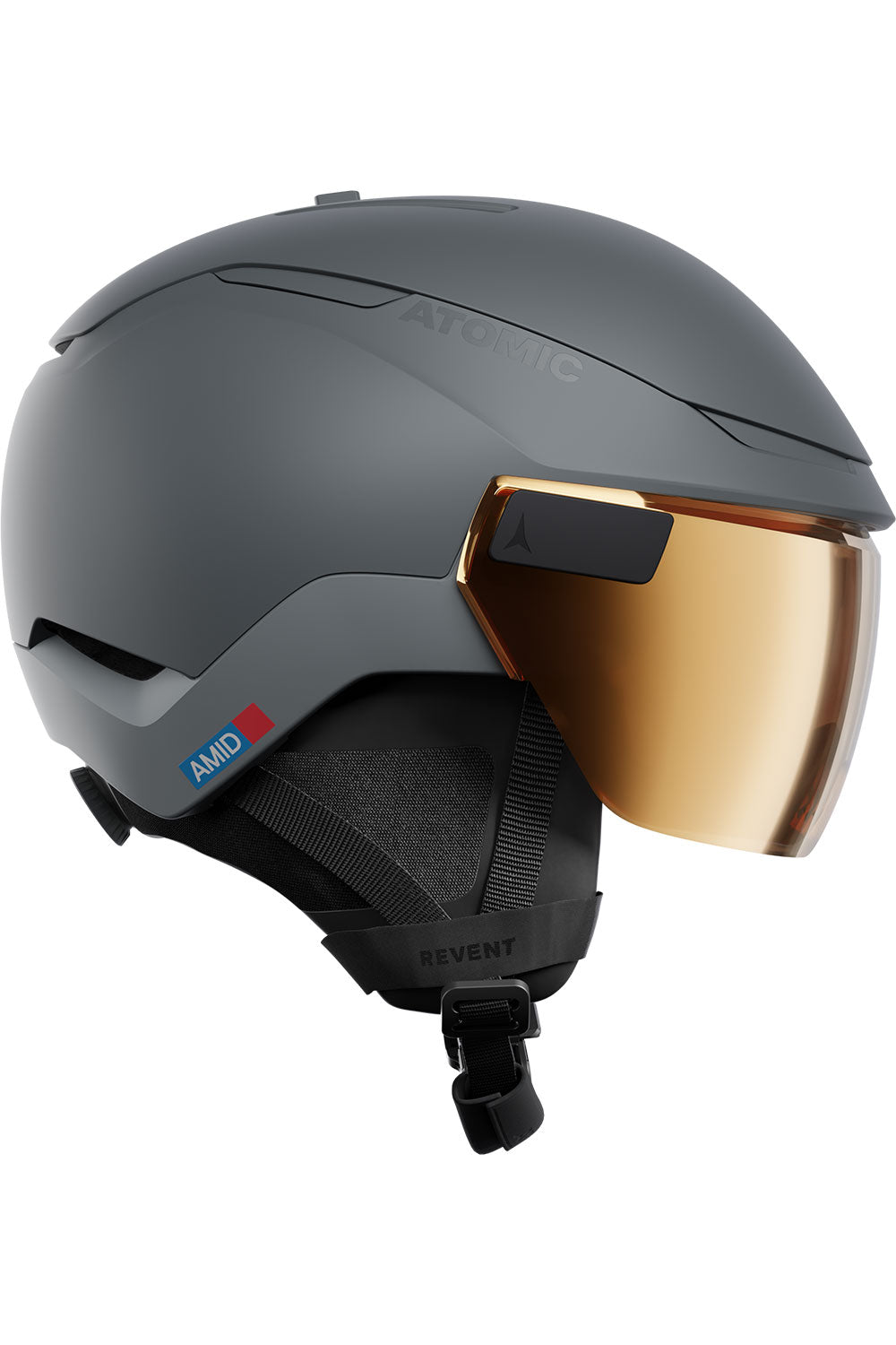 Gray helmet with a gold visor on a white background