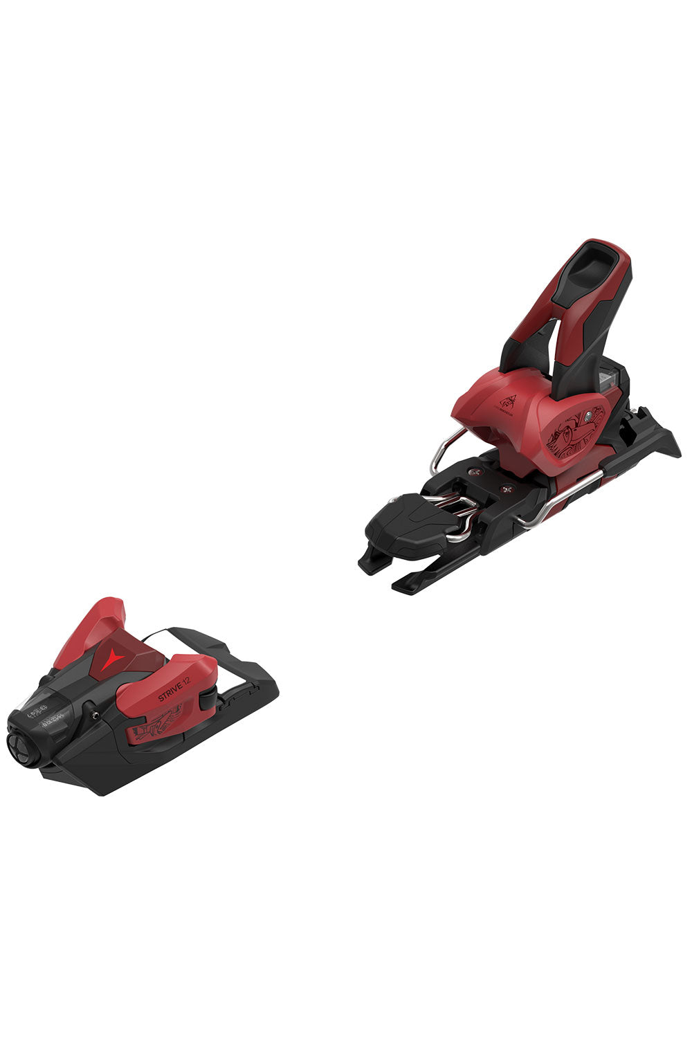 Red and black ski bindings on a white background