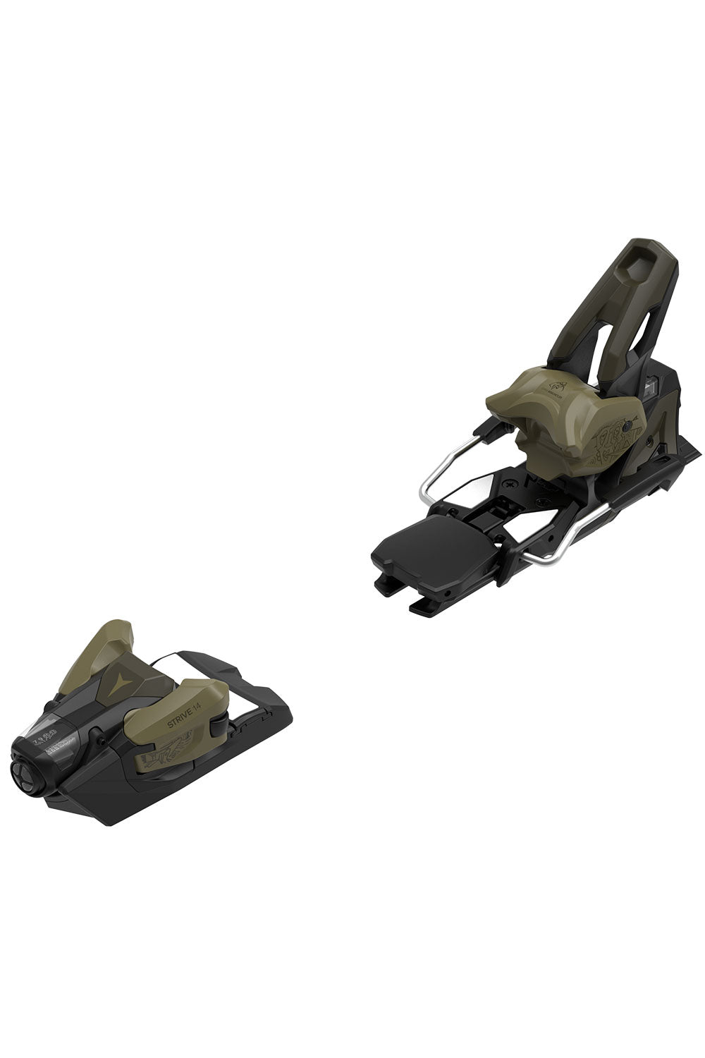 Pair of black and green ski bindings on a white background
