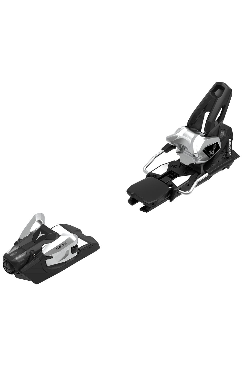 Pair of black and silver ski bindings on a white background