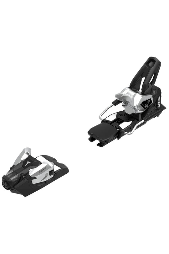 Pair of black and silver ski bindings on a white background