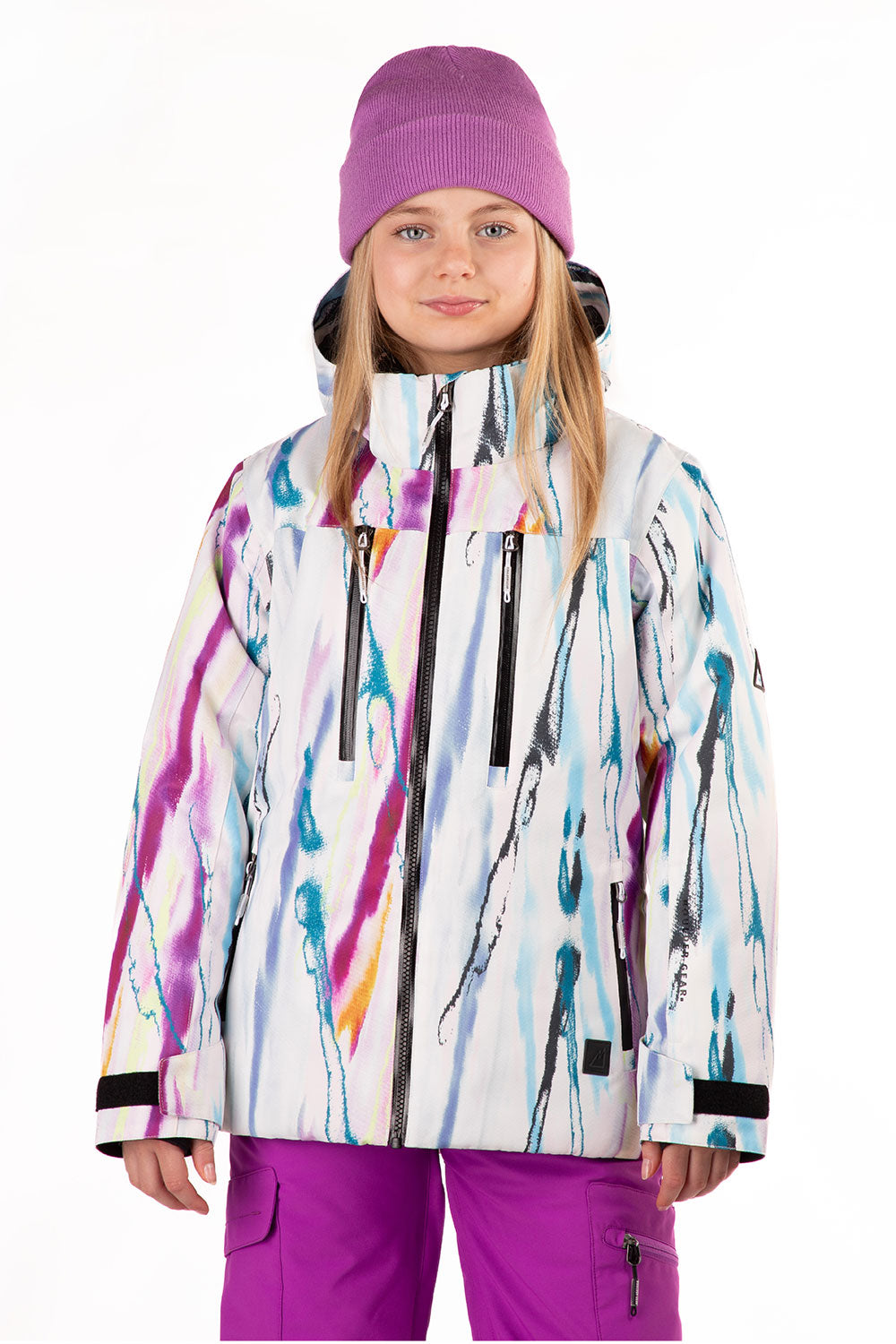 Child wearing a colorful jacket and purple pants on a white background