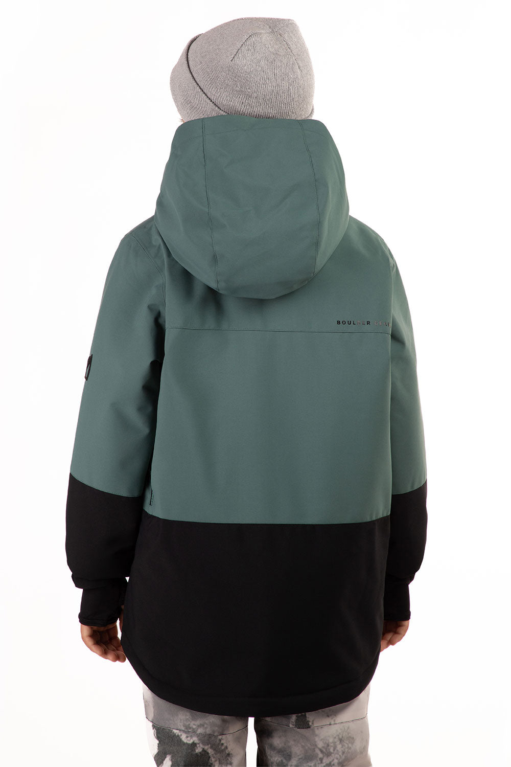 Green and black jacket with a hood on a white background