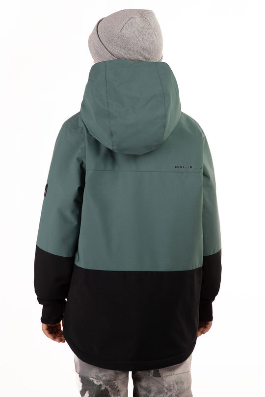 Green and black jacket with a hood on a white background
