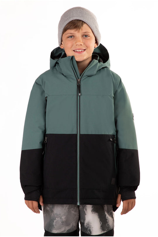 Child wearing a two-tone jacket with a hood on a white background