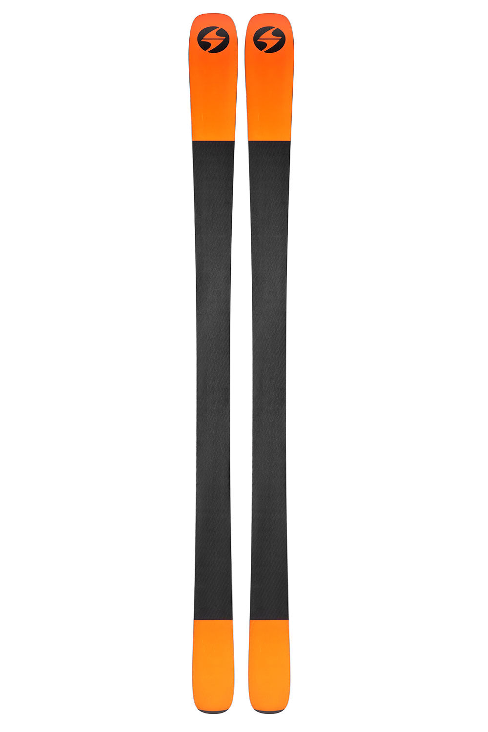 Pair of black and orange skis on a white background