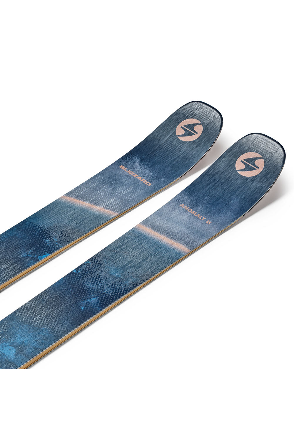 Pair of blue skis with a brand logo on a white background