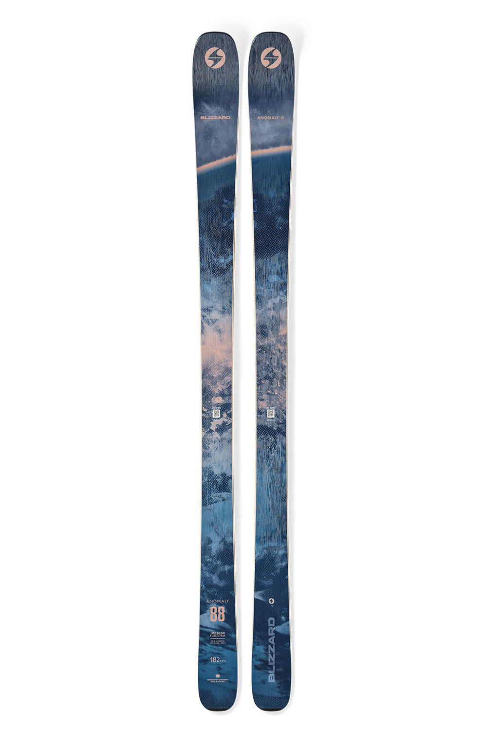 Pair of blue skis with a mountain design on a white background