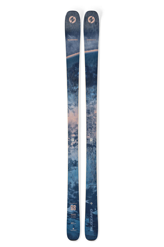 Pair of blue skis with a mountain design on a white background