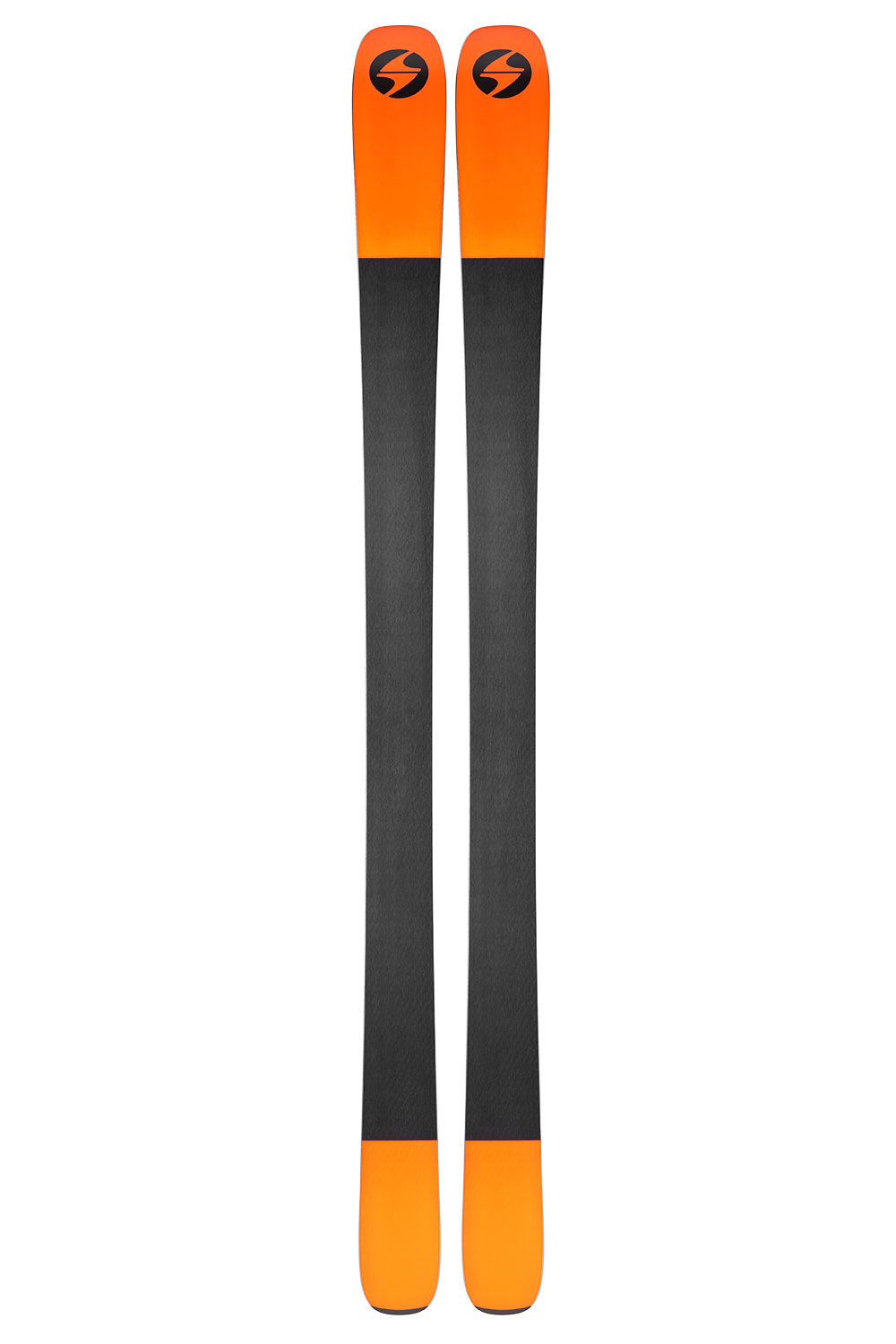 Pair of orange and black skis on a white background