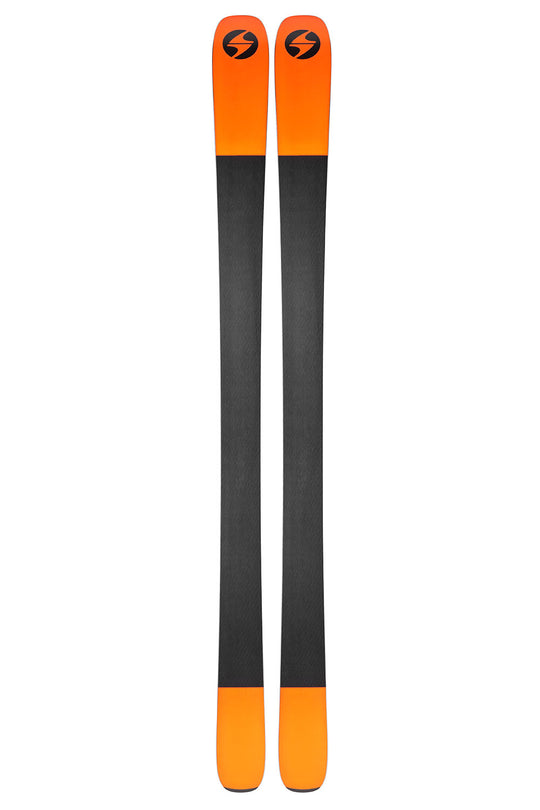 Pair of orange and black skis on a white background