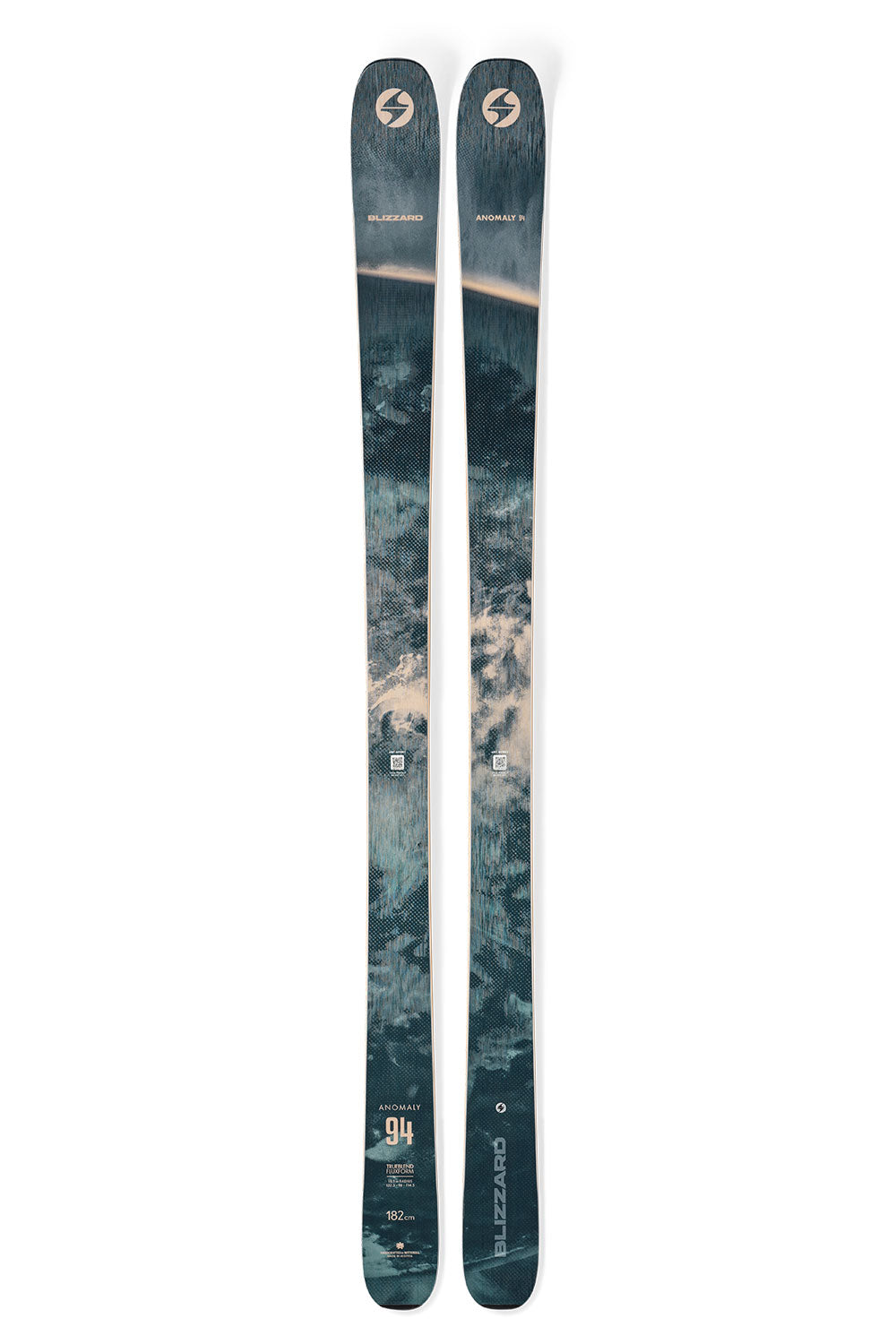Pair of skis with a camouflage pattern on a white background