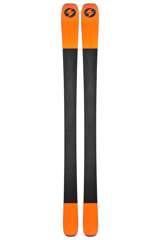 Two orange and black skis with a brand logo on a white background