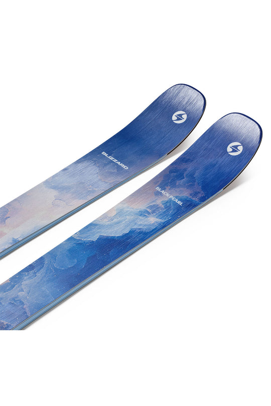 Pair of blue skis with a cloud pattern on a white background