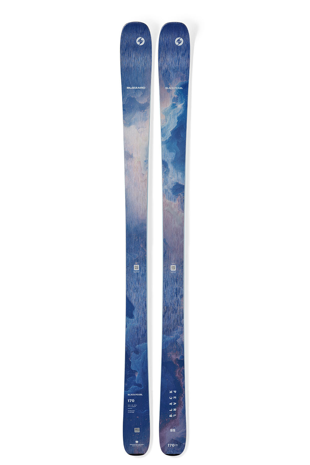 Pair of blue skis with a pattern on a white background