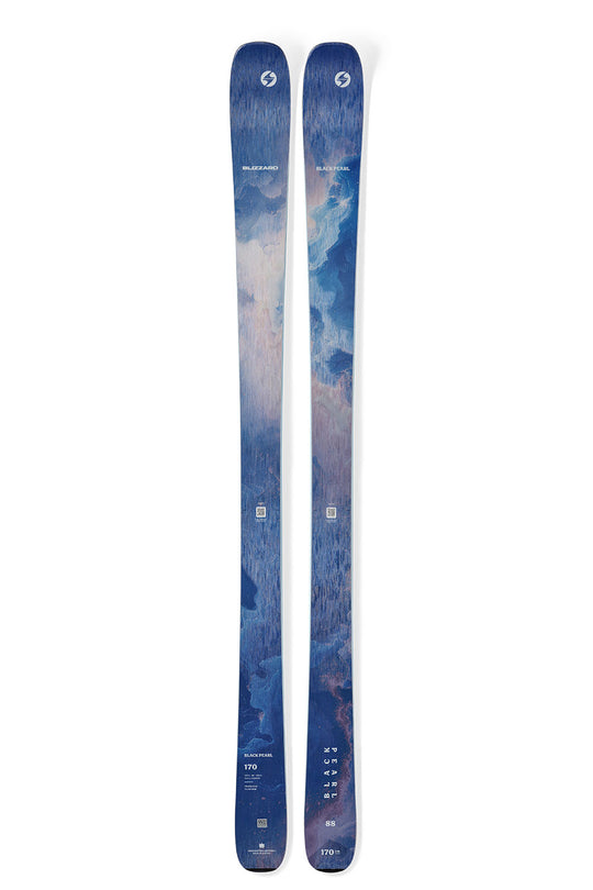 Pair of blue skis with a pattern on a white background