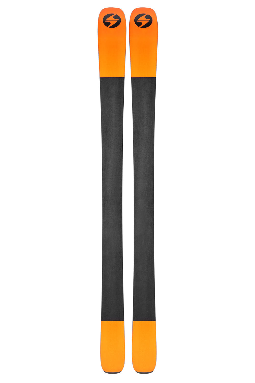 Two orange and black skis with a logo on a white background