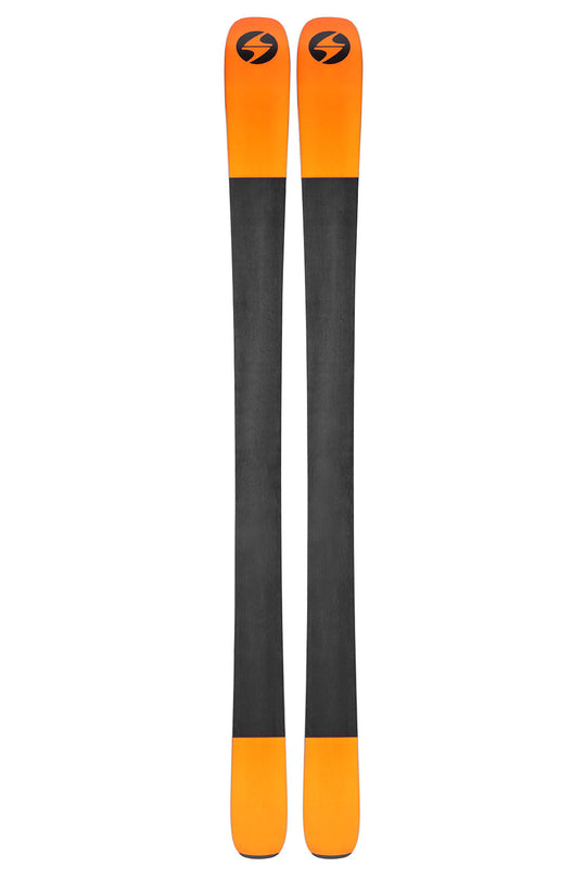 Two orange and black skis with a logo on a white background