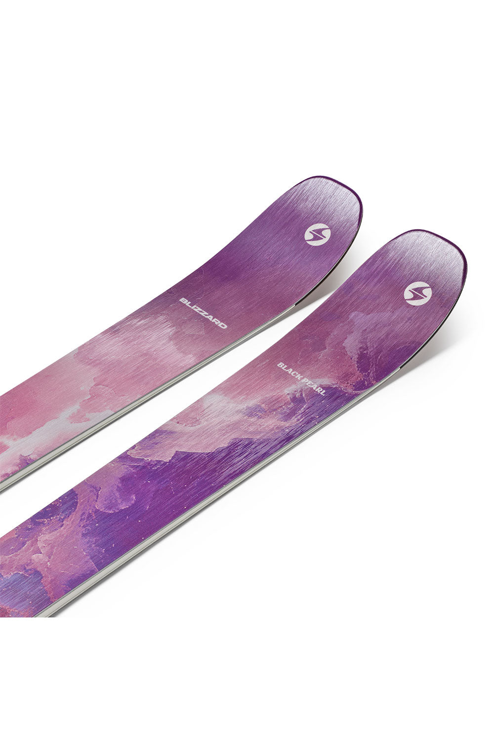 Pair of skis with a purple and pink design on a white background