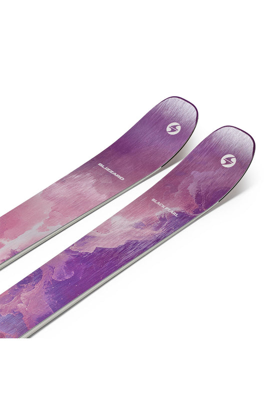 Pair of skis with a purple and pink design on a white background