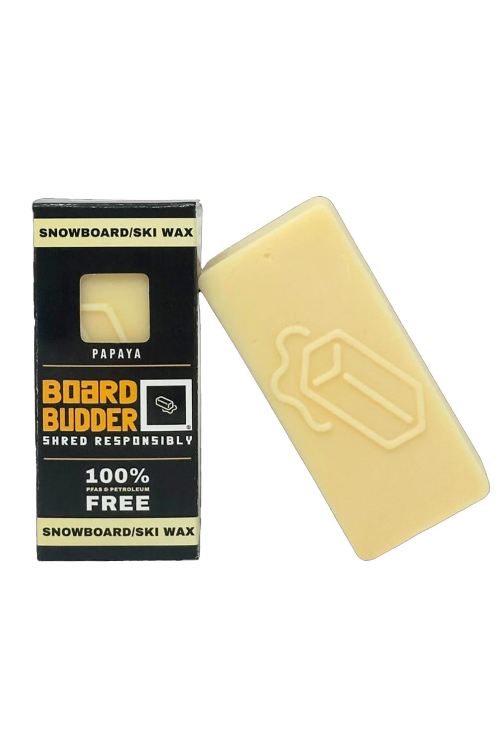 A bar of pale yellow snowboard and ski wax shown next to its black retail box labeled 'Board Budder' and 'Papaya' on a plain white background.